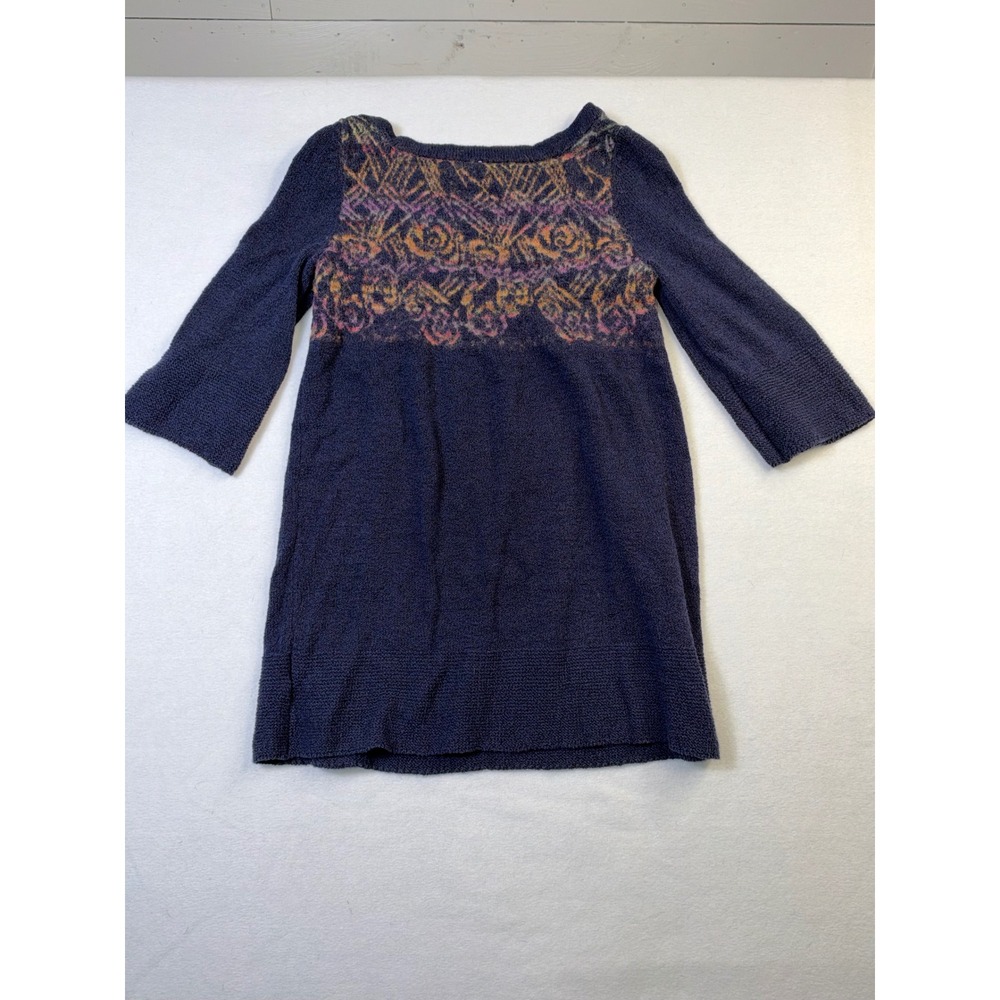 Free People Navy Blue Floral Intarsia Knit Mini Dress Tunic Cotton Alpaca Large - Picture 5 of 7
